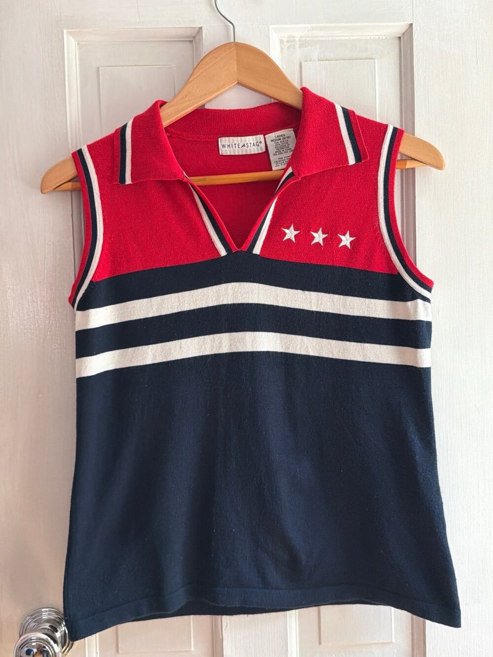 Vintage White Stag Knit Sleeveless Top Stars Stripes Red white Blue M